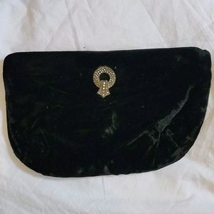 Vintage black velvet clutch + rhinestone pin